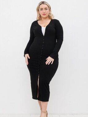 201. Black Ribbed Knit Button Down Duster Sweater Dress